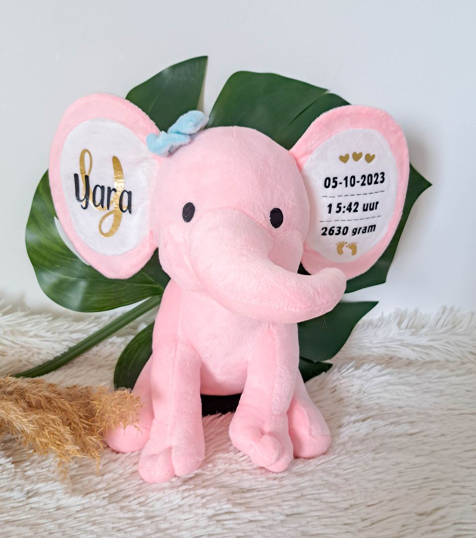 olifant geboorteknuffel roze met naam
